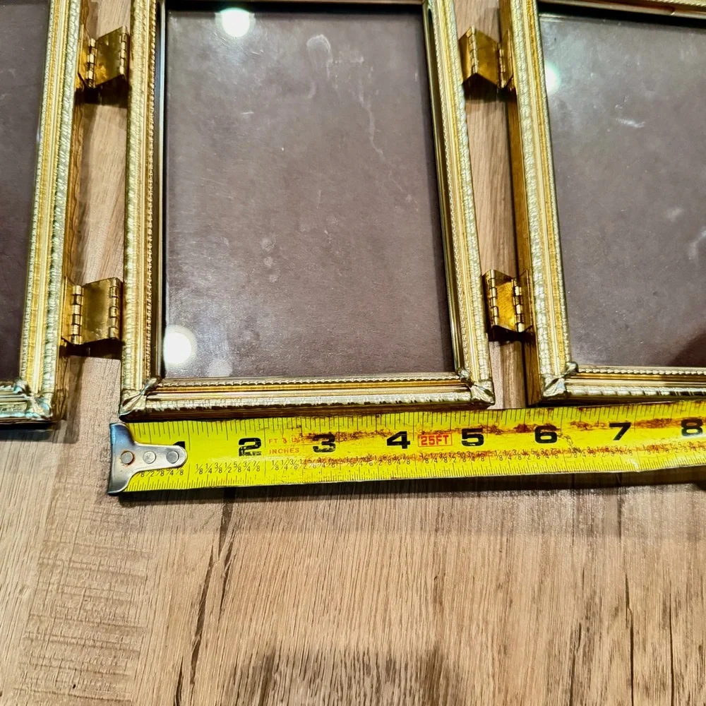 Vintage MCM Tri-fold‎ Picture Photo Frame Gold Tone Ornate Metal Hinged, 5”x7”